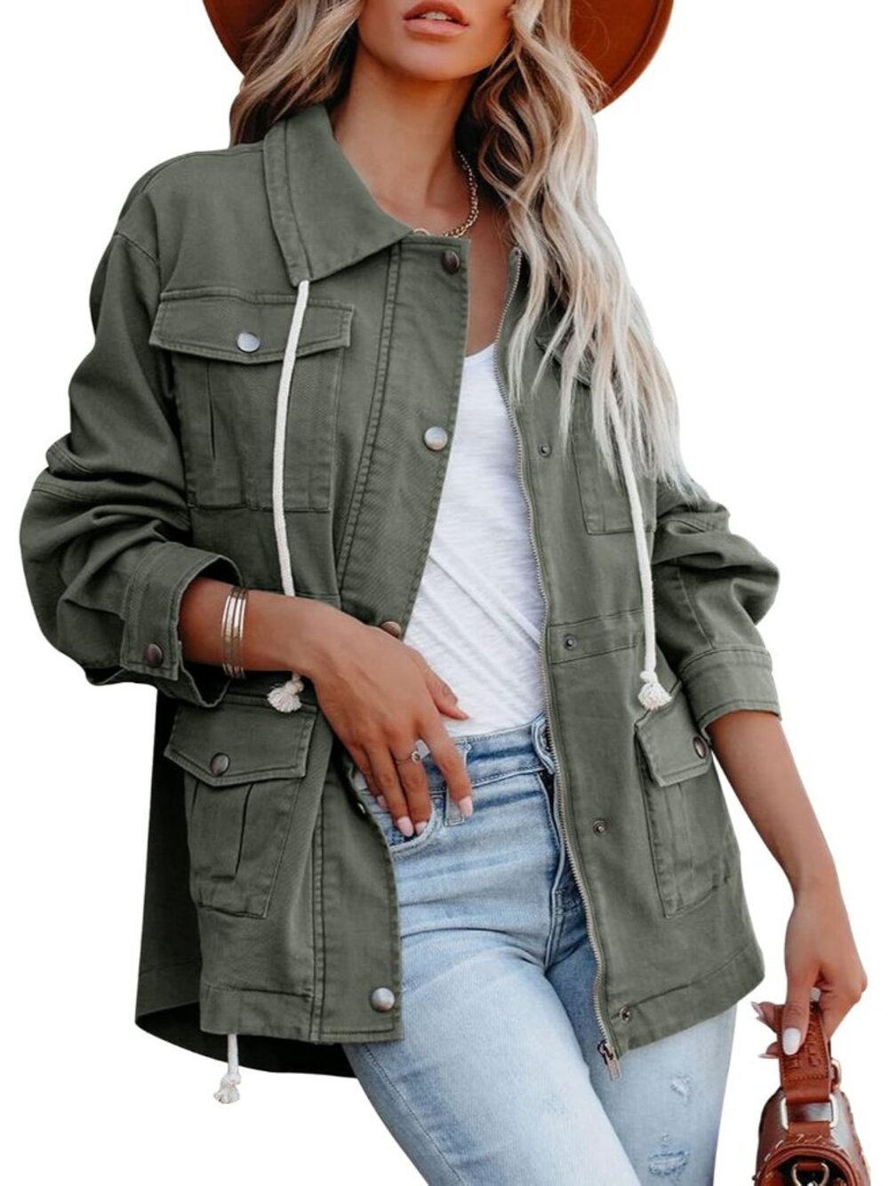 〽️Women's Green Cotton Military Anorak Zip Up Safari Utility Lightweight Coat